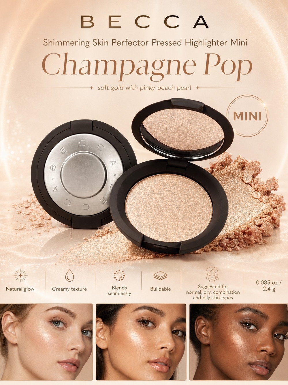 BECCA Shimmering Skin Perfector Pressed Highlighter Mini – Champagne Pop